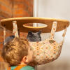 Katt som tittar ut från en inomhusmiljö Freestyle hängmatta i katträd med liten pojke