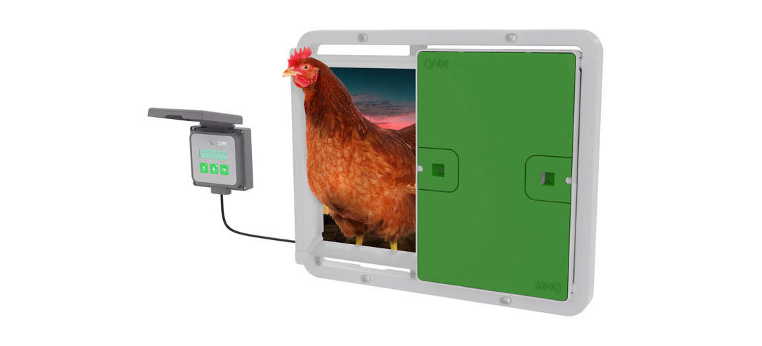 Se till att dina hönor är säkra i sin Eglu Cube, även när du inte är hemma, med Omlets automatiska dörröppnare till hönshuset.