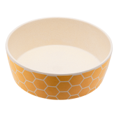 En skål för husdjur i gul färg med en Geometrisk design.