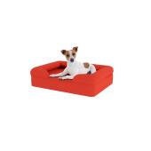 Hund sitter på liten körsbär röd memory foam bolster hund säng