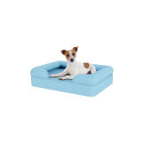 Hund sitter på liten sky blue memory foam bolster hund säng