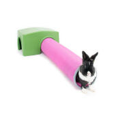 Kanin som leker i det gröna Zippi skyddsrummet och lektunneln.