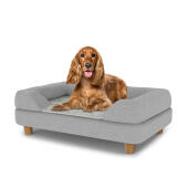 Hund som sitter på en medium Topology hundbädd med grått skötbord och runda fötter i trä