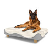 Hund sitter på en stor Topology hundbädd med fårskinnsöverdrag och runda träfötter
