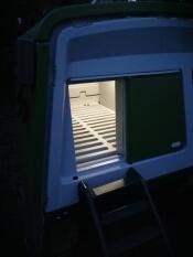 Omlet grön automatisk dörr till hönsgård med ljus i hönsgården