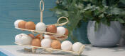 En gräddfil Omlet äggskål full av färska ägg i ett kök.