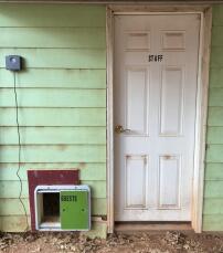 En automatisk dörröppnare för höns som fästs på utsidan av huset
