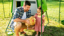 Man med dotter som håller en kyckling i en hönsgård