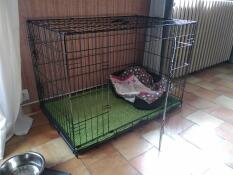 En transportbur för en hund tillverkad av trådnät.
