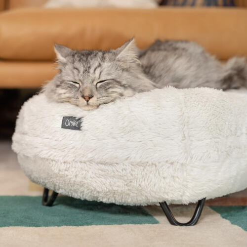 Maya Donut är en lyxig kattsäng med en djup kudde formad som en donut och utbytbara ben i snygg design.