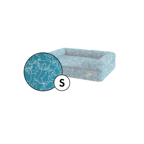 Liten bolster hundbädd överdrag i teal doodle hund tryck av Omlet.