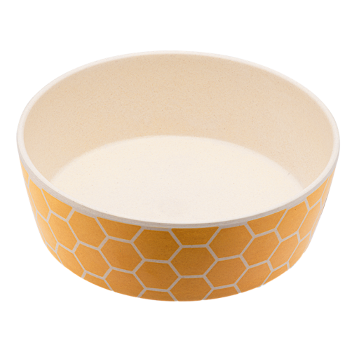 En skål för husdjur i gul färg med en Geometrisk design.