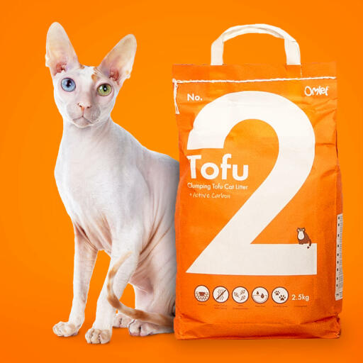 En påse med tofu-kattströ med en vit katt som står bakom