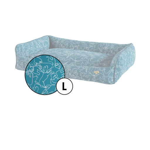 Large nest hundbäddsöverdrag i teal doodle dog print från Omlet.