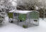 Gröna Eglu Cube och springer i trädgården täckta av Snow Gröna Eglu Cube och springer i trädgården täckta av Snow