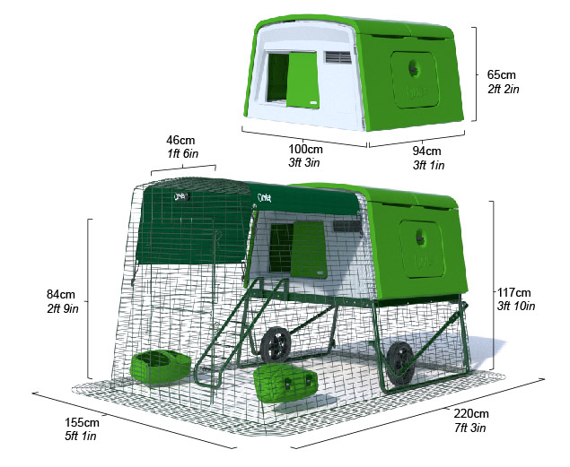Diagram som visar måtten på hönshuset Eglu Cube med gård.