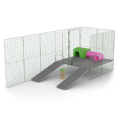 Zippi plattformar för marsvin - Fyra golvpaneler med grönt gömställe, lektunnel och godsaksbehållaren Caddi
